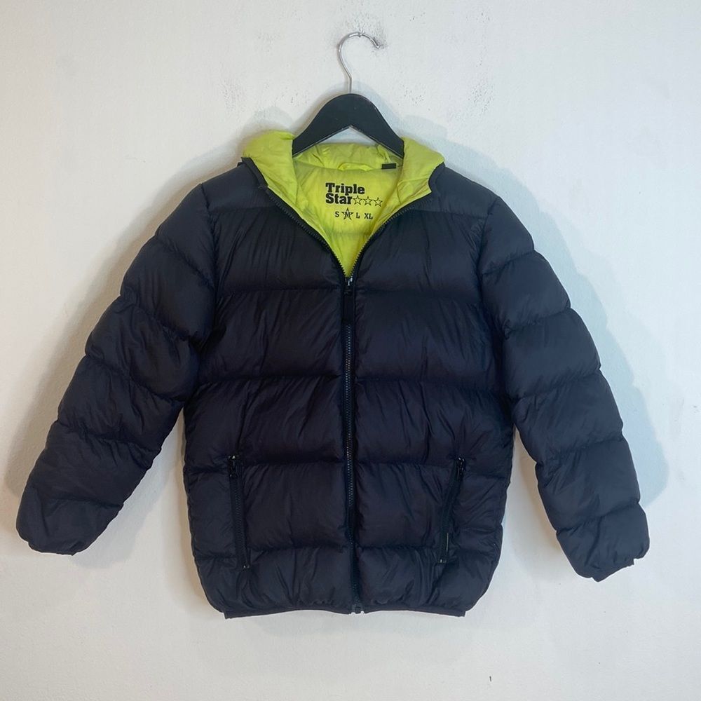 Triple Star Nylon Black w/Bright Yellow Lining Puffer Hoodie Jacket Coat, Size-M